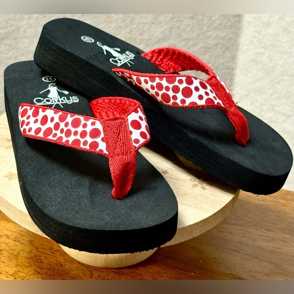 Corkys Girls Red White Polka Dot Flip Flops Size 11 Toddler Soft Beach Sandals